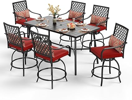 PHI VILLA 7 Piece Outdoor Bar Set, Counter Height Patio Bar Furniture Rectangle Dining Table and 6 Swivel Bar Stools Chairs with Brown Textilene Fabric for Garden,Yard and Deck