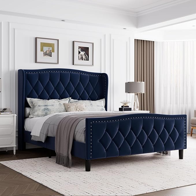 Queen Bed Frame Velvet Upholstered Platform Bed with Wing Side Headboard, Wooden