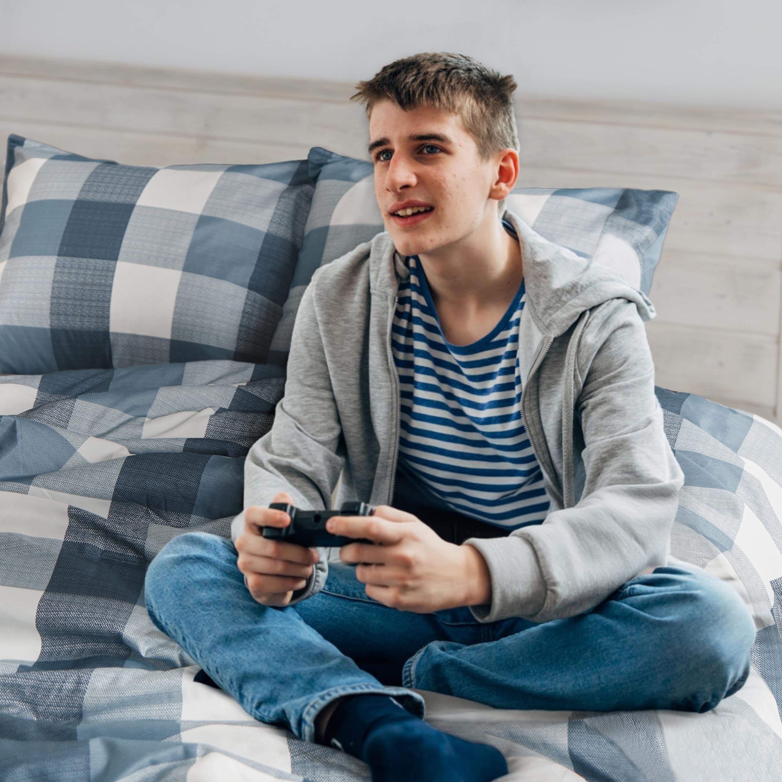 Plaid Twin Comforter Set for Teen, Farmhouse Comforter Twin Size Bed, Blue and White Comforter, Grid Buffalo Lightweight 3 Pieces Bed Sets Includes 1 Comforter, 1 Shams (66 x 90 Inch)