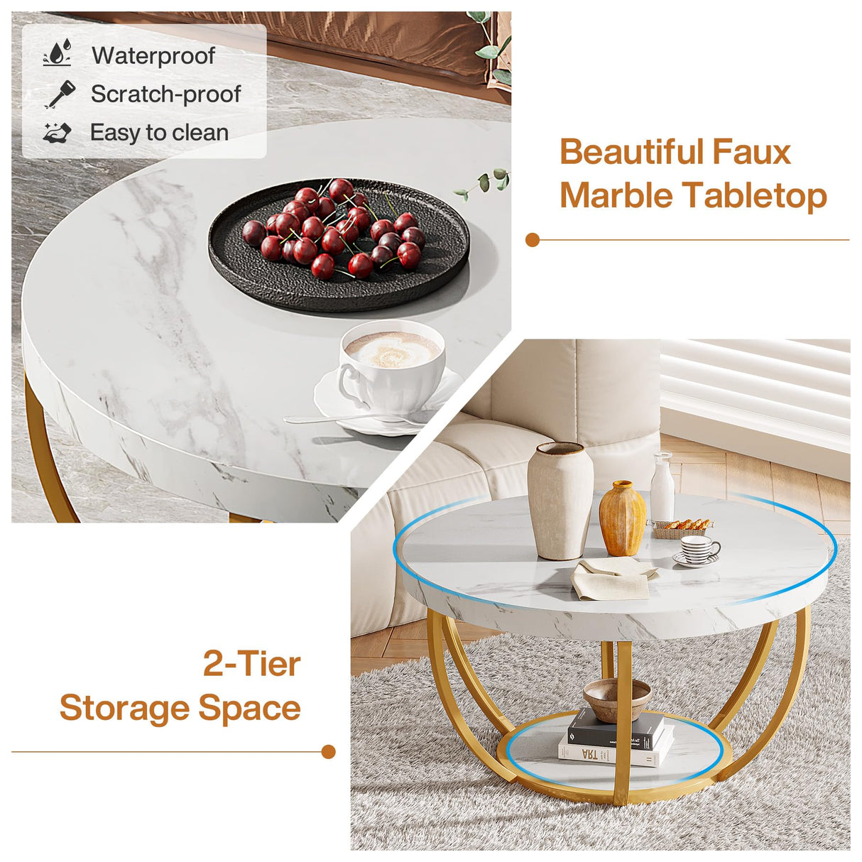 Tribesigns Modern Coffee Table, 2 Tier Round Coffee Table with Faux White Marble and Golden Metal Legs,