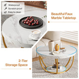 Tribesigns Modern Coffee Table, 2 Tier Round Coffee Table with Faux White Marble and Golden Metal Legs,