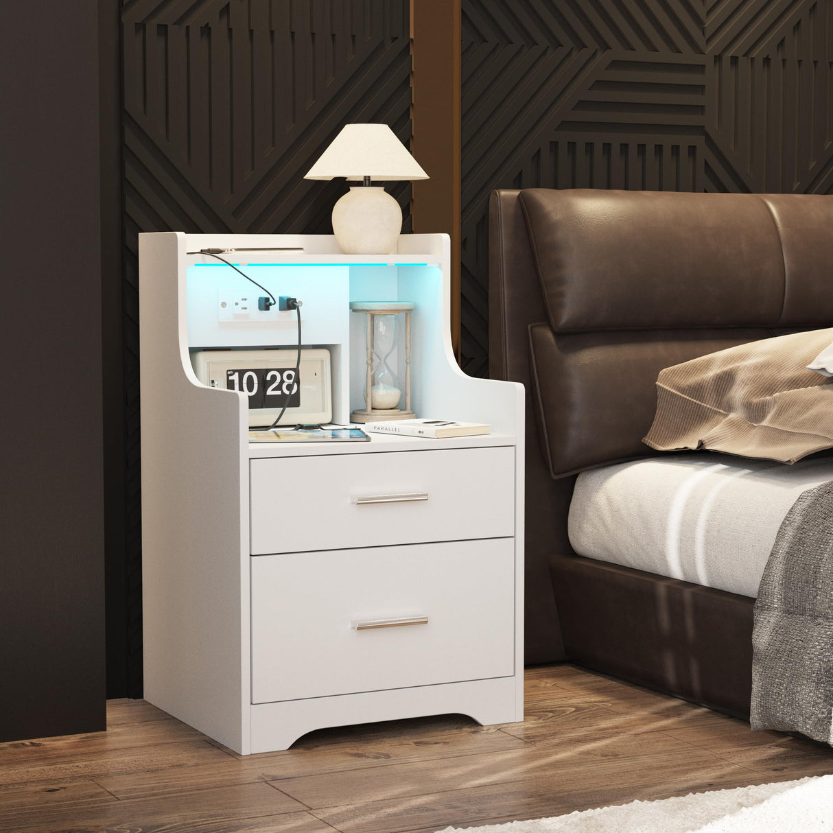 Nightstand with Charging Station & LED Lights, White Nightstand with 2 Drawers and Open Storage