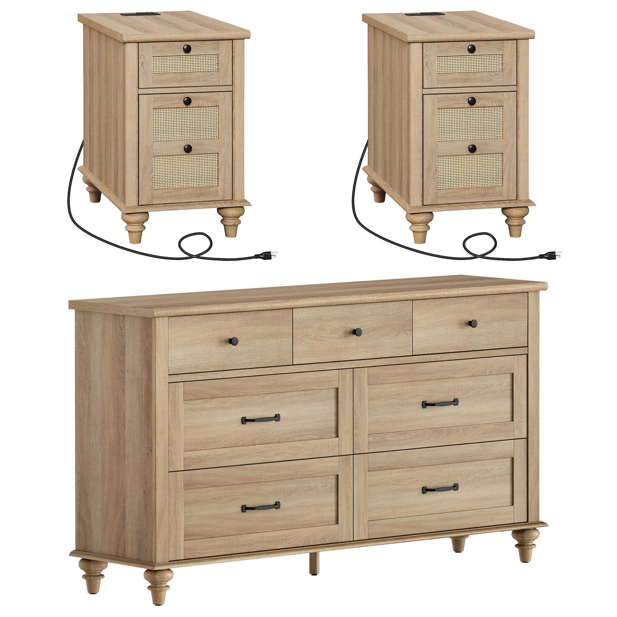 3 Piece Bedroom Set - Includes Farmhouse 7 Drawer Dresser, Set of 2 Rattan Side Tables