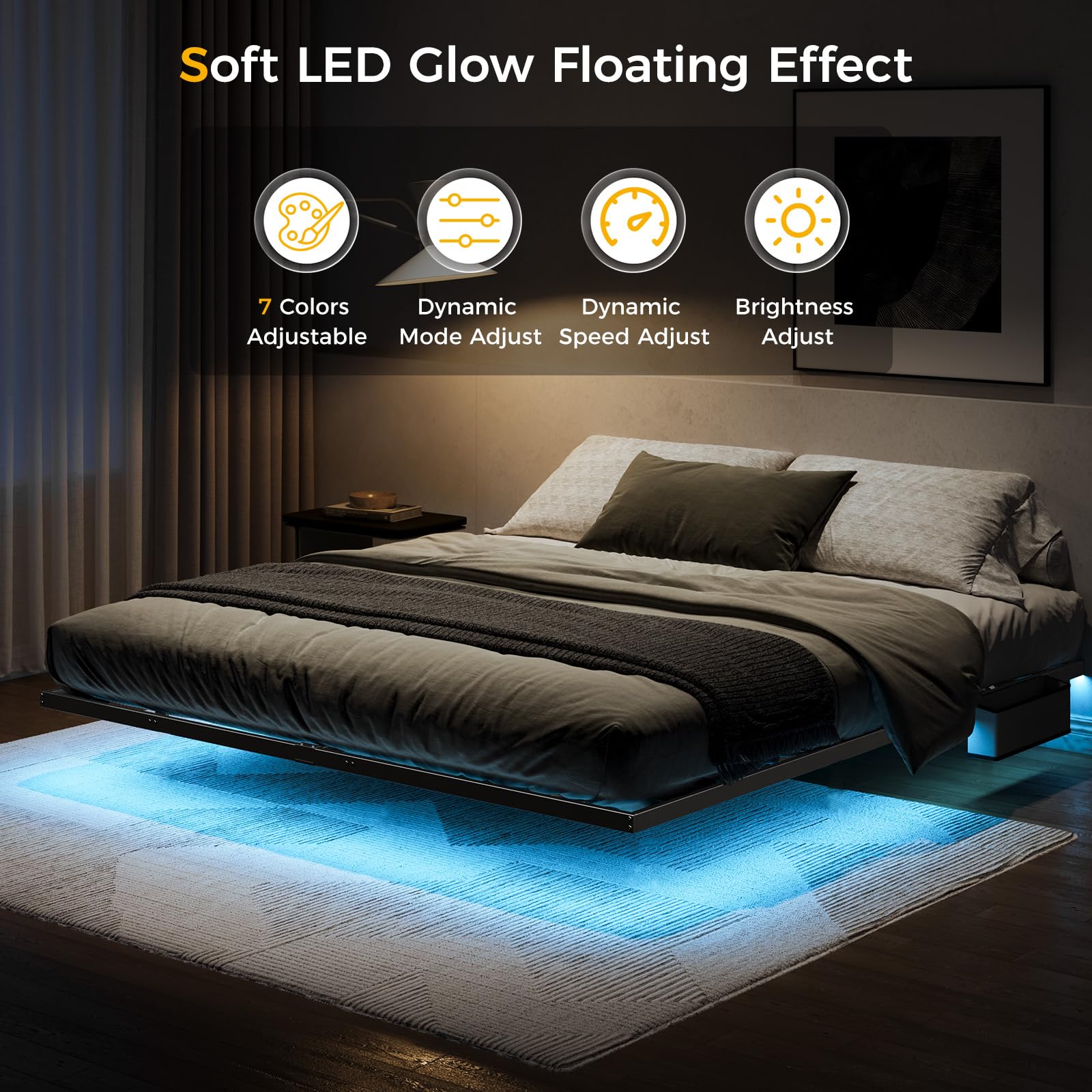 Queen Floating Bed Frame with LED Lights & Charging Station
