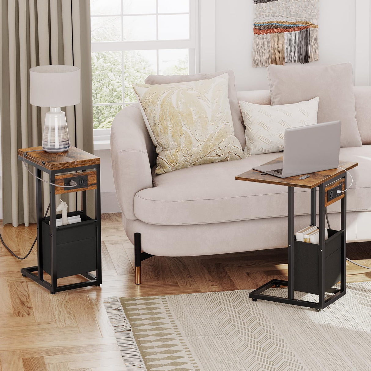 C Shaped Side Table with Charging Station, Foldable End Table with Fabric Bag