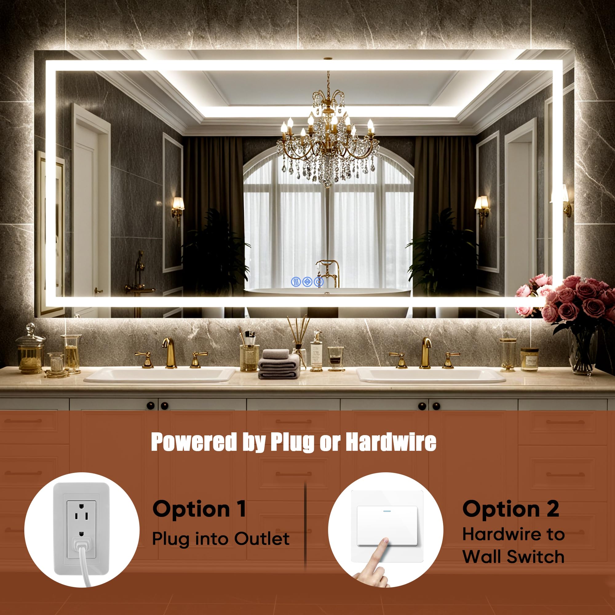 40x30 LED Bathroom Mirror - Wall Mounted with Dimmable Front & Backlit