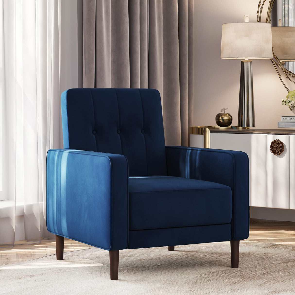 Chairs for Living Room, Mid Century Modern Armchair Velvet Upholstered Comfy Side Chair Button Tufted Back Lounge Reading Chair for Bedroom - Valencia (Navy Blue)