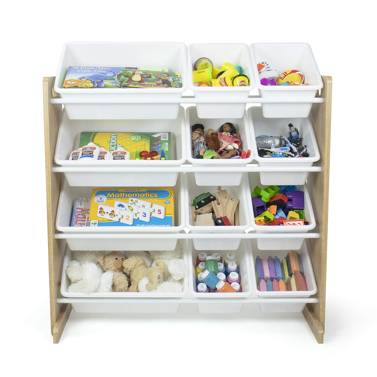 Natural Wood/White Kids Toy Organizer with 12 Storage Bins & 4 tier