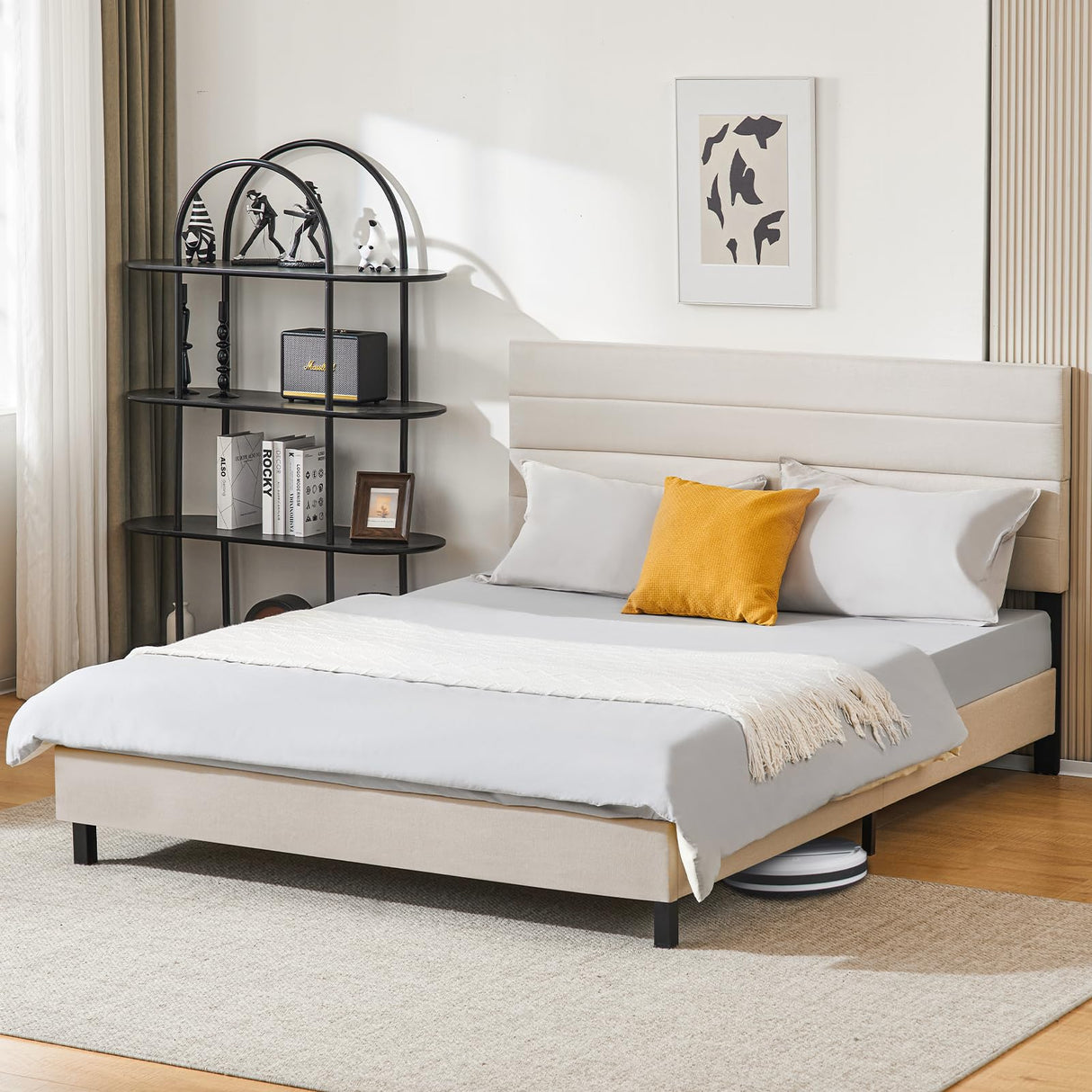 Queen Bed Frame, Modern Upholstered Bed Frame with Adjustable Linen Headboard