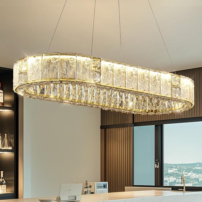 20" Gold Crystal Chandelier,Dimmable LED Ring Light for Dining Room, Bedroom
