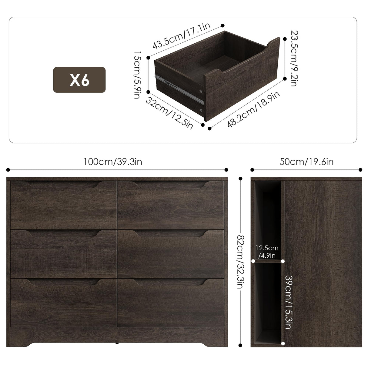 6 Drawer Dresser for Bedroom, Dresser with 4 Cubbies, Wood Chest of Drawers