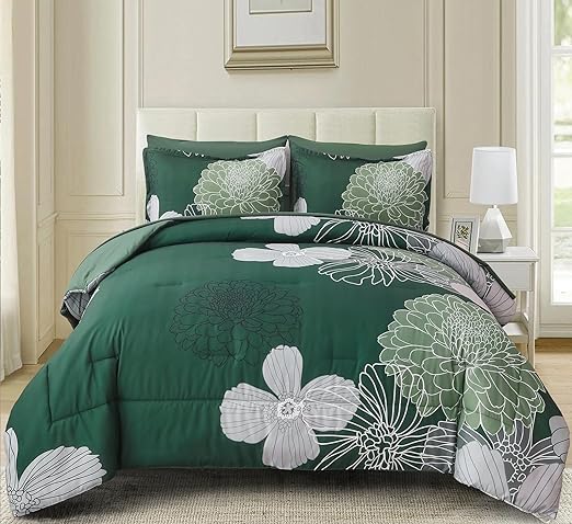 Bed in a Bag Green Comforter Set Queen Floral Comforter Soft Microfiber Bedding