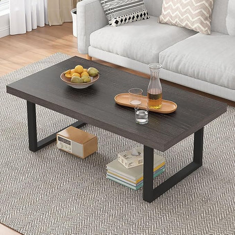 Grey Coffee Table, Wood Metal Coffee Table for Living Room, Farmhouse Minimalist Rustic