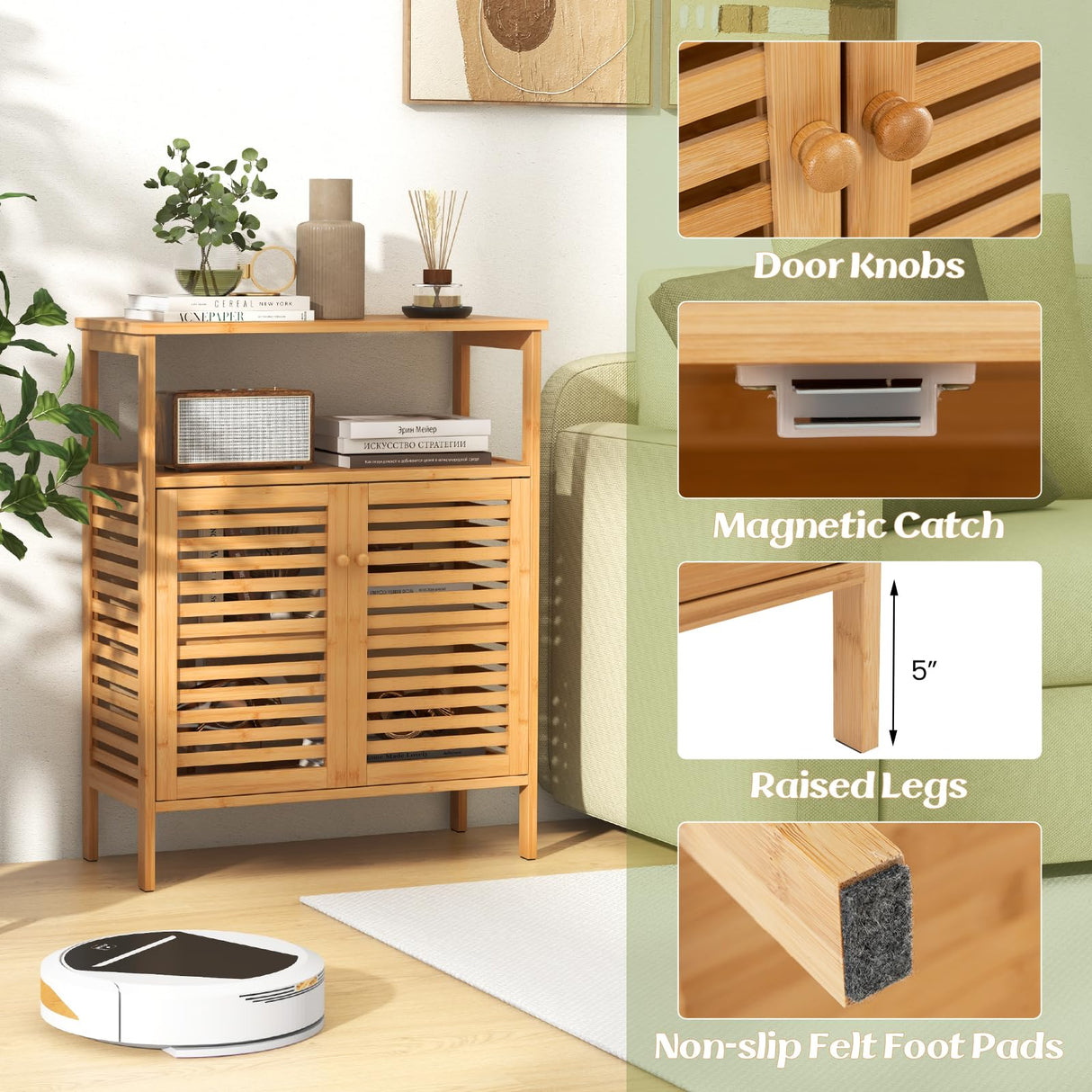 Bamboo Floor Cabinet, Bathroom Storage Cabinet with Double Slatted Doors, Open Shelf,