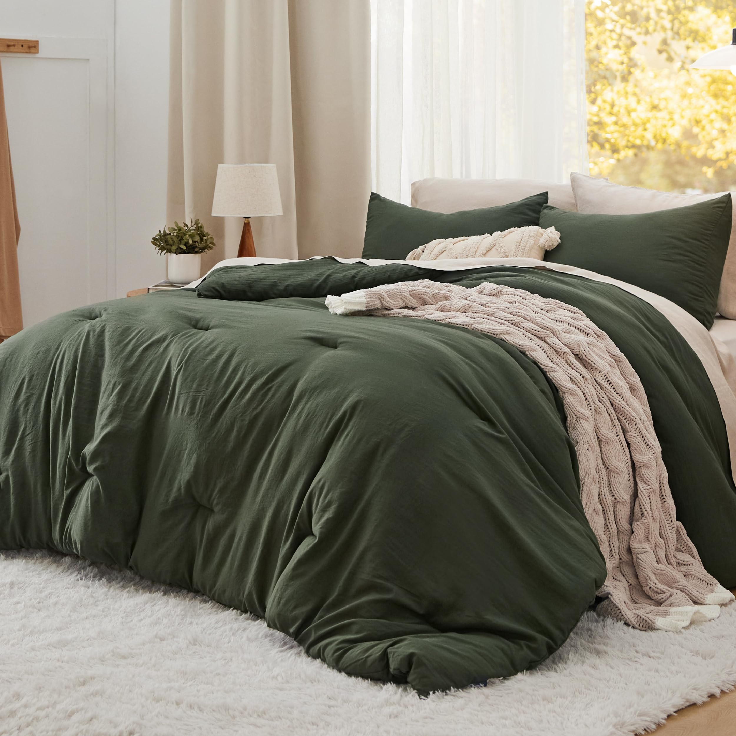 California King Comforter Set - Dark Green Prewashed 3-Piece Bedding