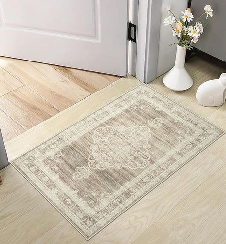 Area Rugs for Living Room Washable, Neutral Vintage Rug Large for Dining Room Bedroom Carpet Farmhouse Non Slip Low Pile Pet Friendly Area Rug 9 by 12 Indoor - Beige