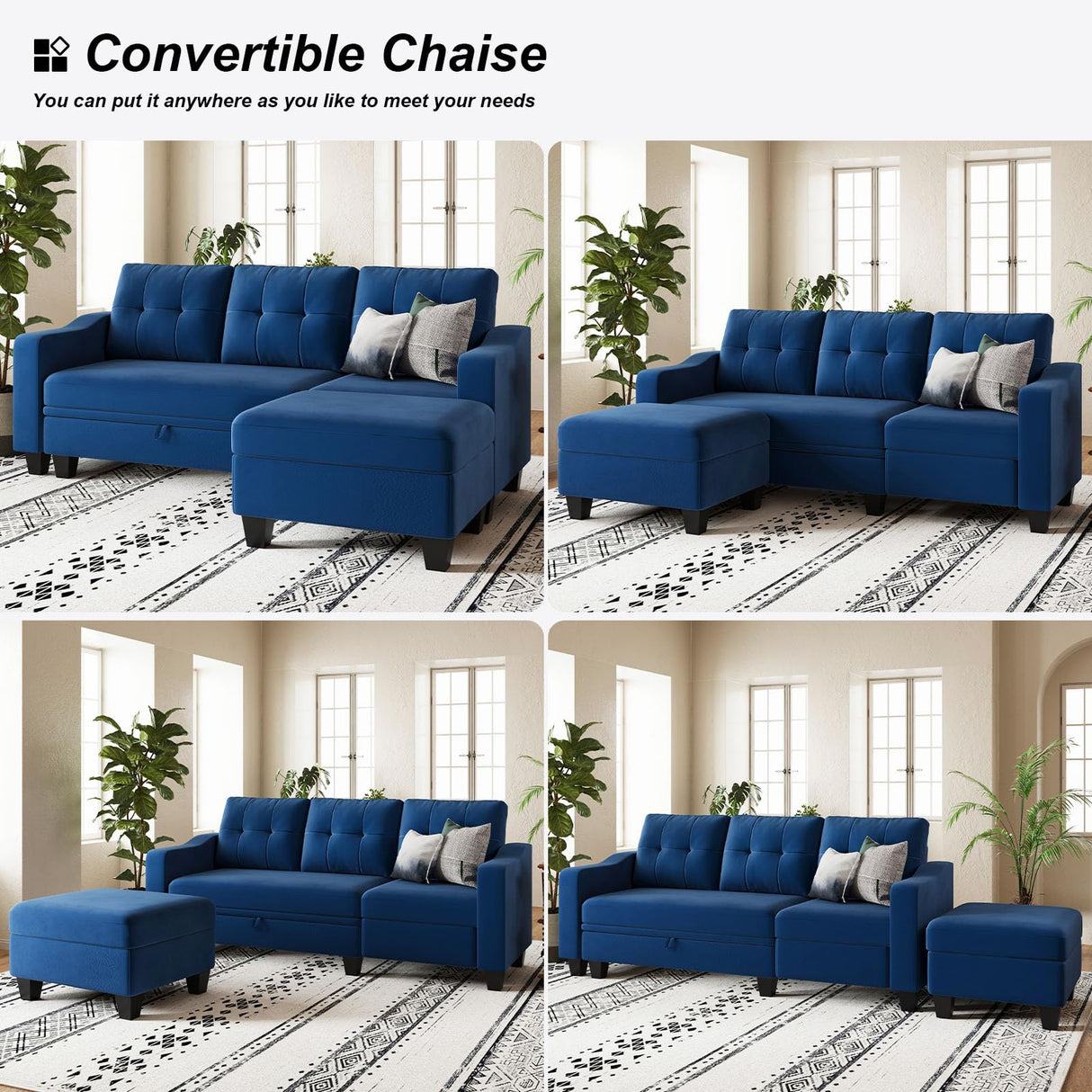 Velvet Sectional Couch with Storage, L Shaped Sofa with Chaise for Small Space, Blue