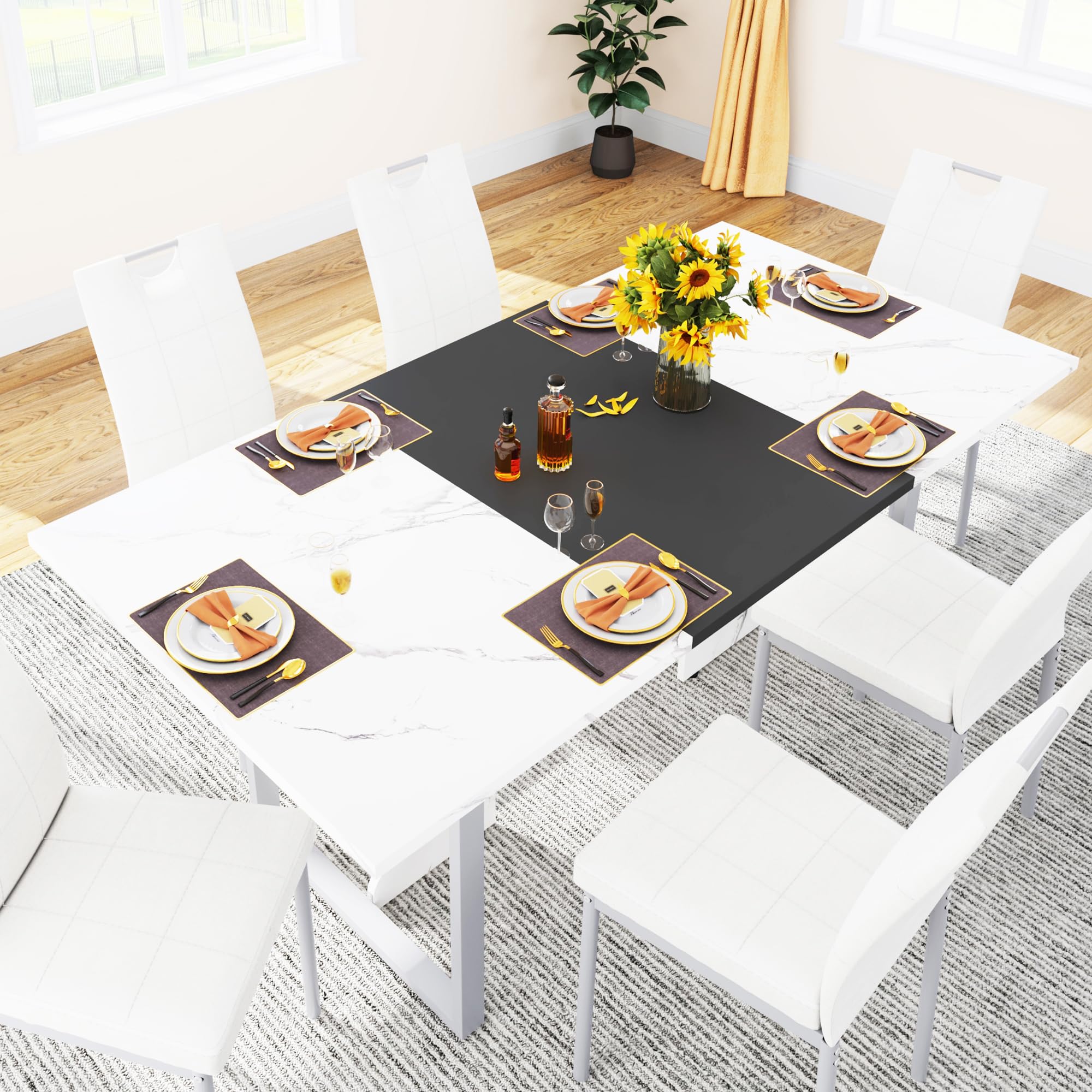 70IN Large Dining Table for 4 5 6 People,White Kitchen Dinner Table W/Marble-Color Wood