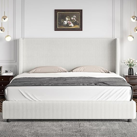 King Size Bed Frame, Upholstered Platform Bed with Vertical Channel Tufted Headboard,