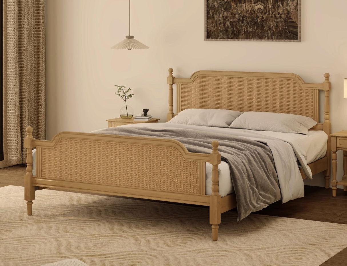 King Bed Frame with Rattan Headboard - Solid Pine Wood Platform