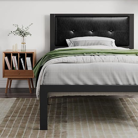 Twin Size Bed Frame with Upholstered Headboard, Platform Bed Frame with Metal Slats,