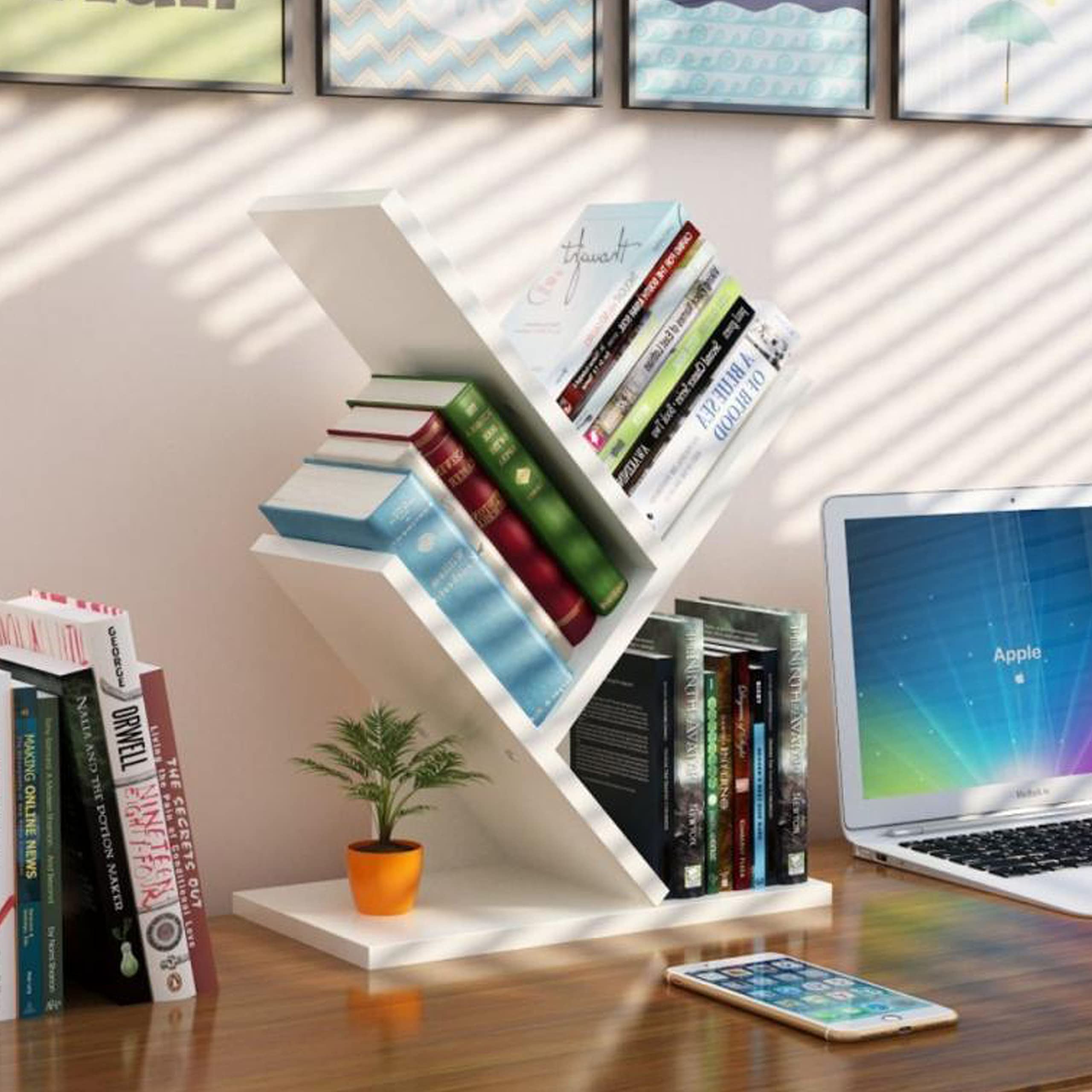 Tree Bookshelf, 3-Tier Book Storage Organizer Shelves Floor Standing Bookcase