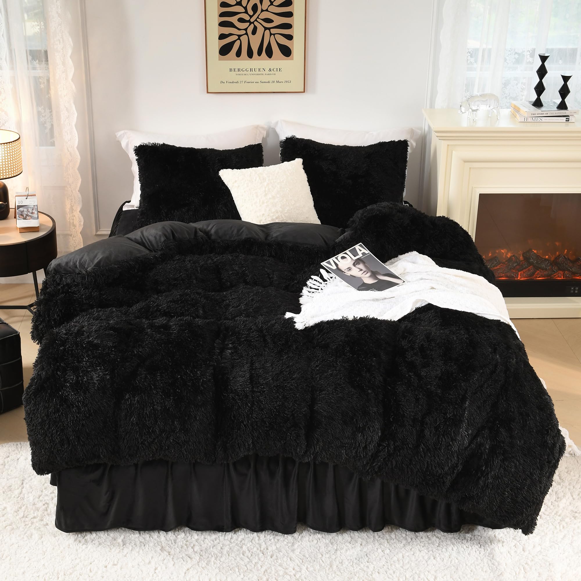 Black Fluffy Comforter King Size, Luxury Plush Faux Fur Bedding Set for King Bed,