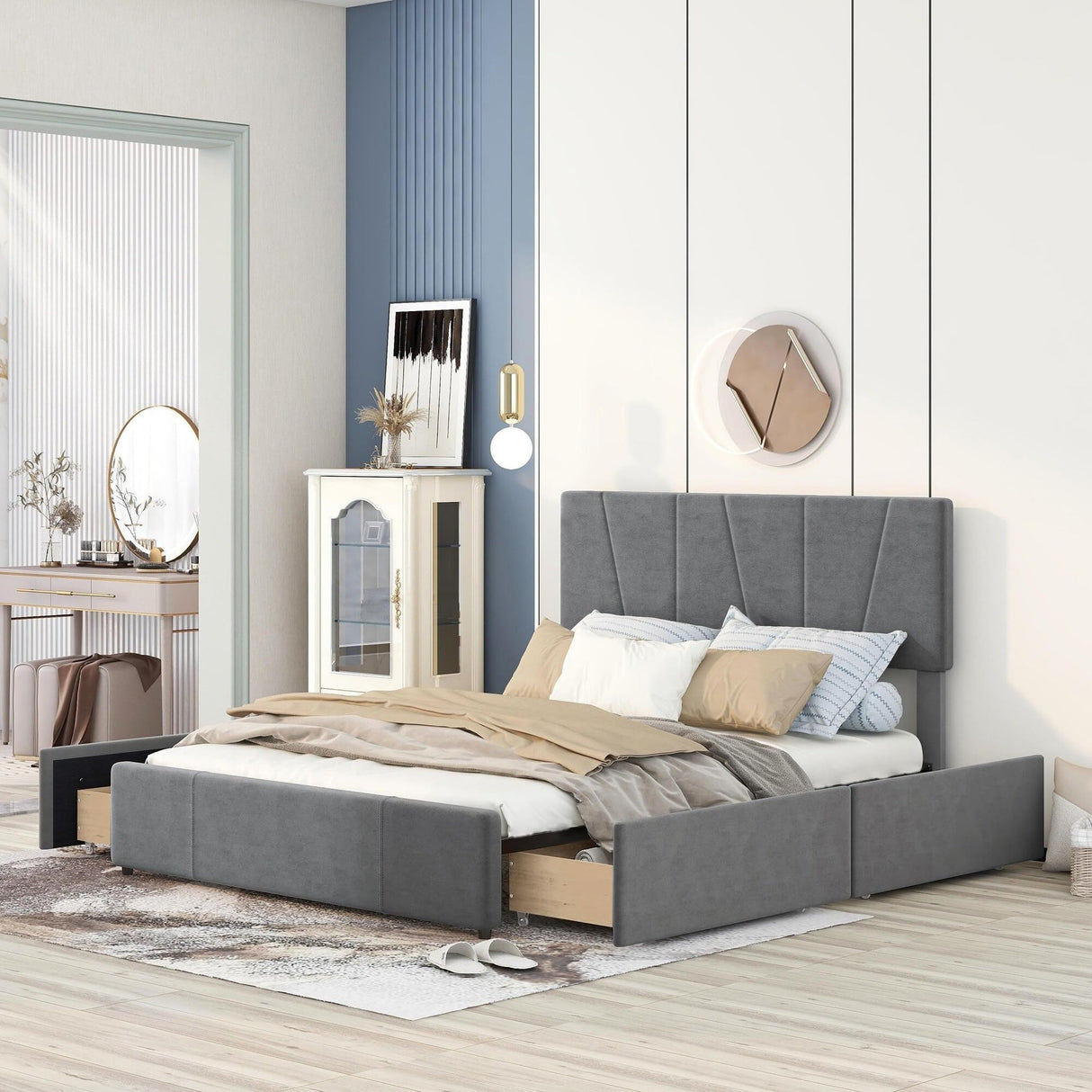Upholstery Platform Bed with Four Drawers on Two Sides Grey - Queen