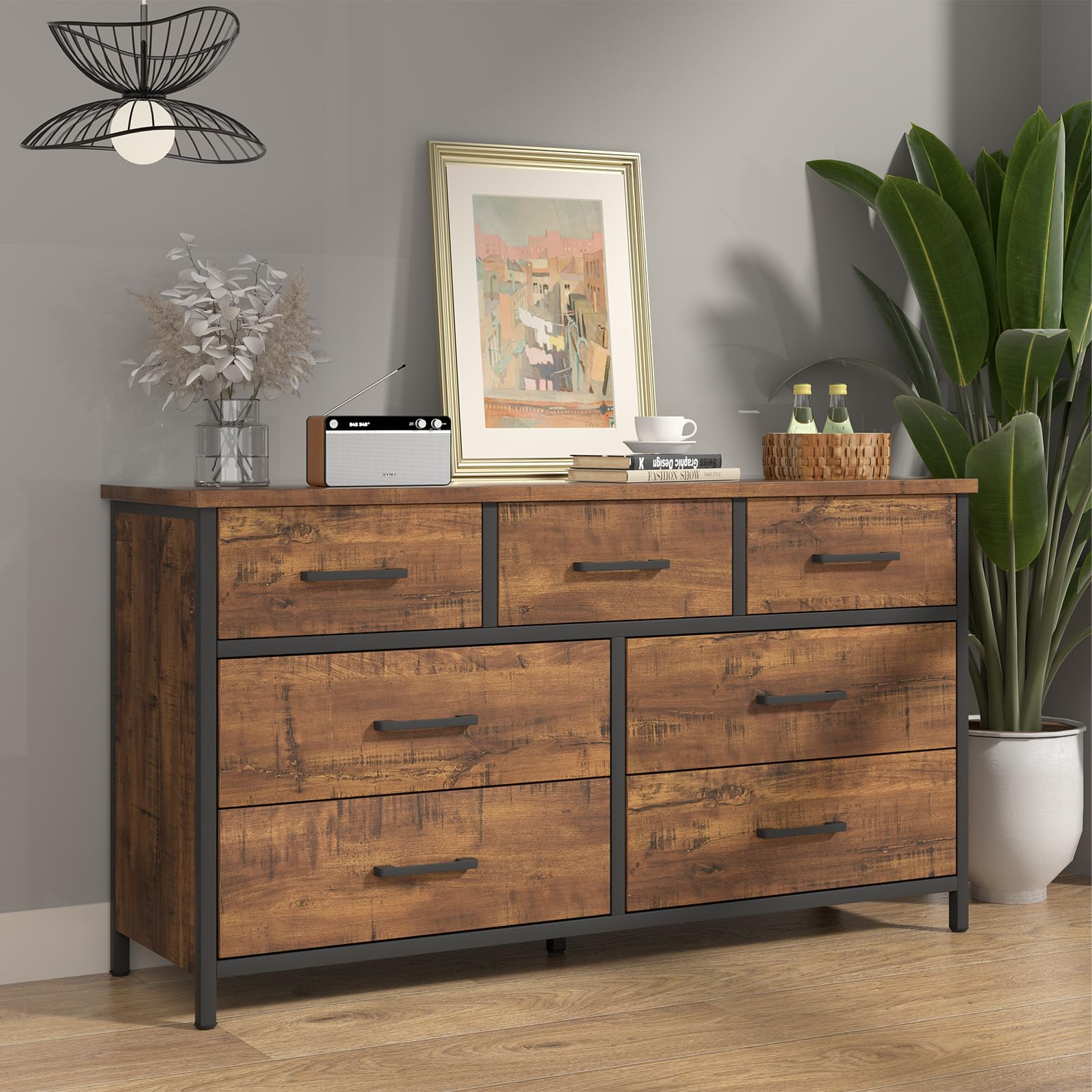 7 Drawer Dresser for Bedroom, Industrial Wood Storage Dressers