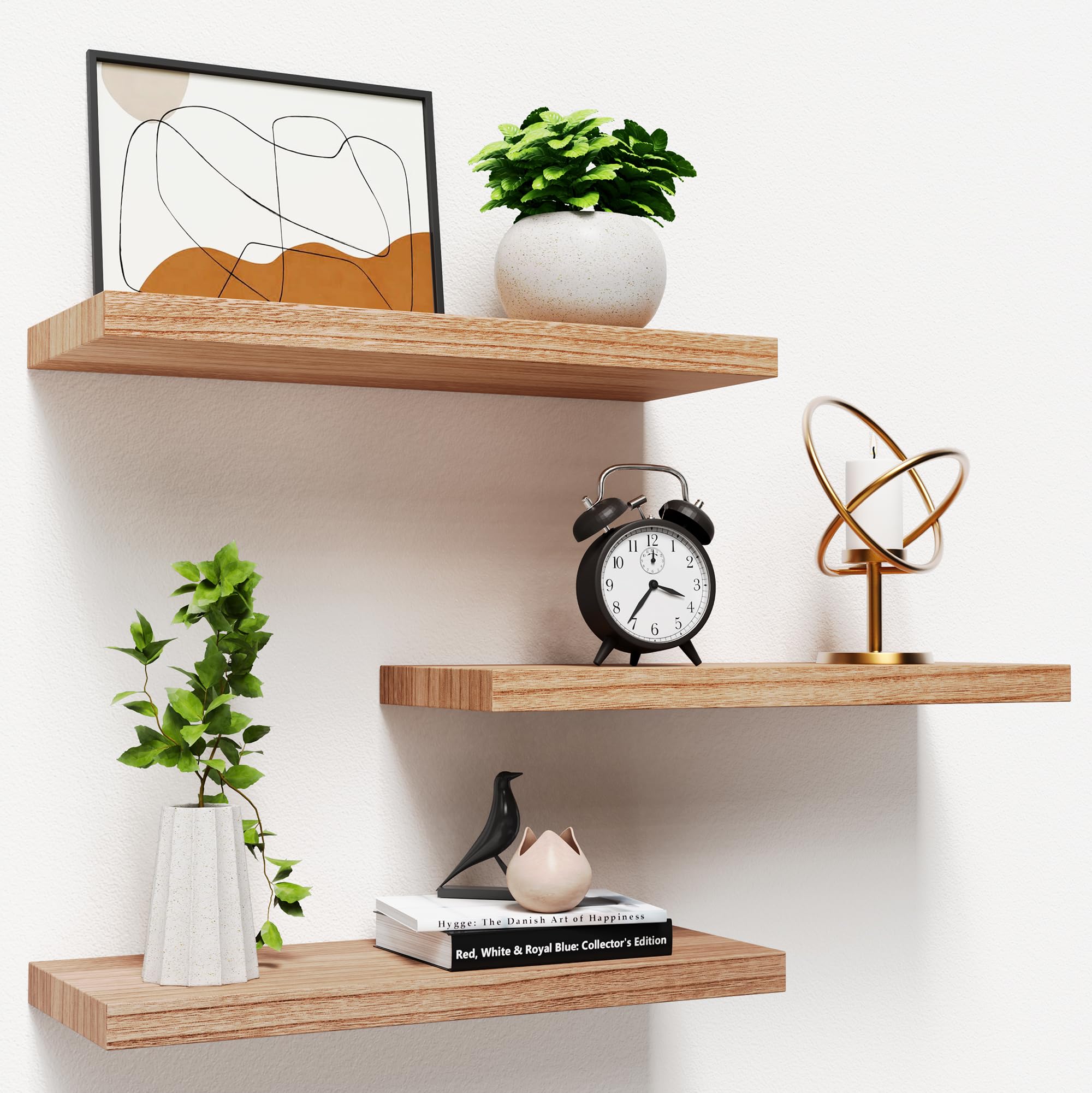 Greenual 3 Packs Floating Shelves for Wall, Nature Wood Wall Shelf, 16" Wall Mounted Floating Shelf for Kitchen, Living Room, Bedroom, Bathroom Storage, Book Shelf for Wall Home Decor, Frame Display