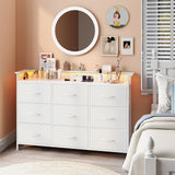 White Dresser with LED Light for Bedroom 9 Drawer Dressers with Charging Station