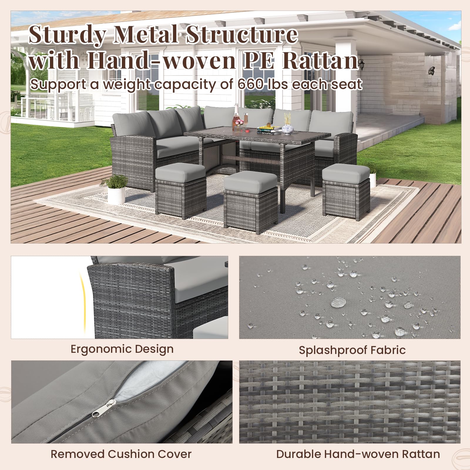 U-MAX 7 Pieces Patio Furniture Set, Outdoor Sectional Sofa Conversation Set, All Weather Wicker Rattan Dining Table & Chair with Ottoman, Grey Rattan&Grey Cushion