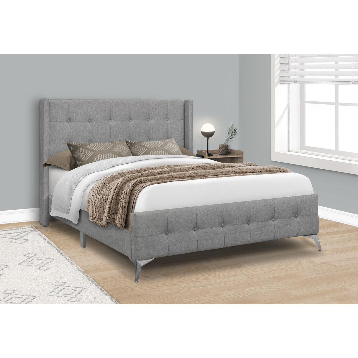 I 6040Q Bed, Frame, Platform, Bedroom, Queen Size, Upholstered, Linen Look Fabric