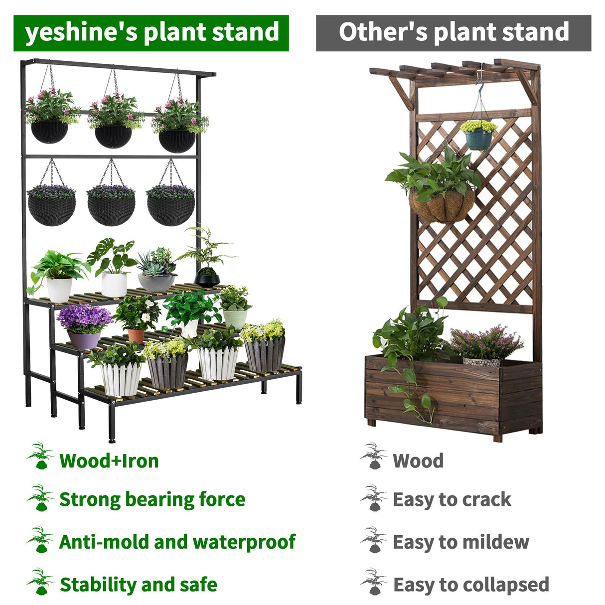 Large Plant Shelf Indoor Outdoor, 3 Tier Heavy Duty Hanging Plant Stand with Bar 39"L x 60" Tall, Metal & Wood Flower Ladder Rack, Plant Display Cabinet Shelves Clearance for Garden Patio Greenhouse