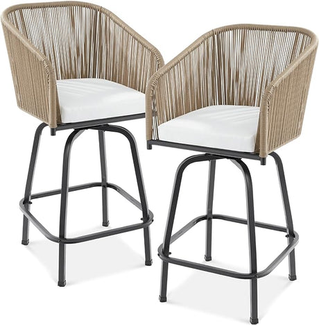 Set of 2 Woven Wicker Swivel Bar Stools, Patio Bar Height Chair for Backyard, Pool