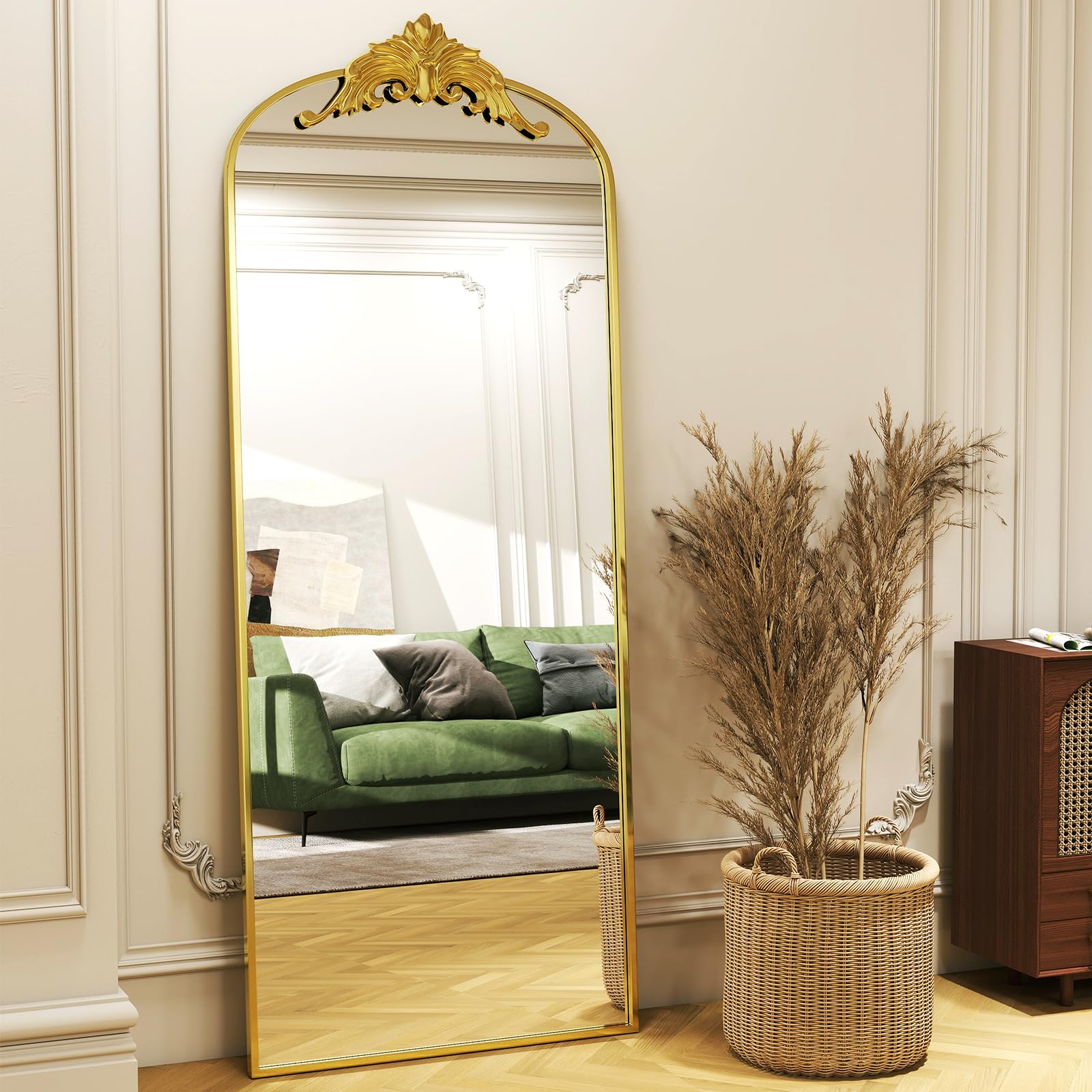 Gold Arched Full-Length Mirror with Stand, 21"x64" Baroque Vintage Body