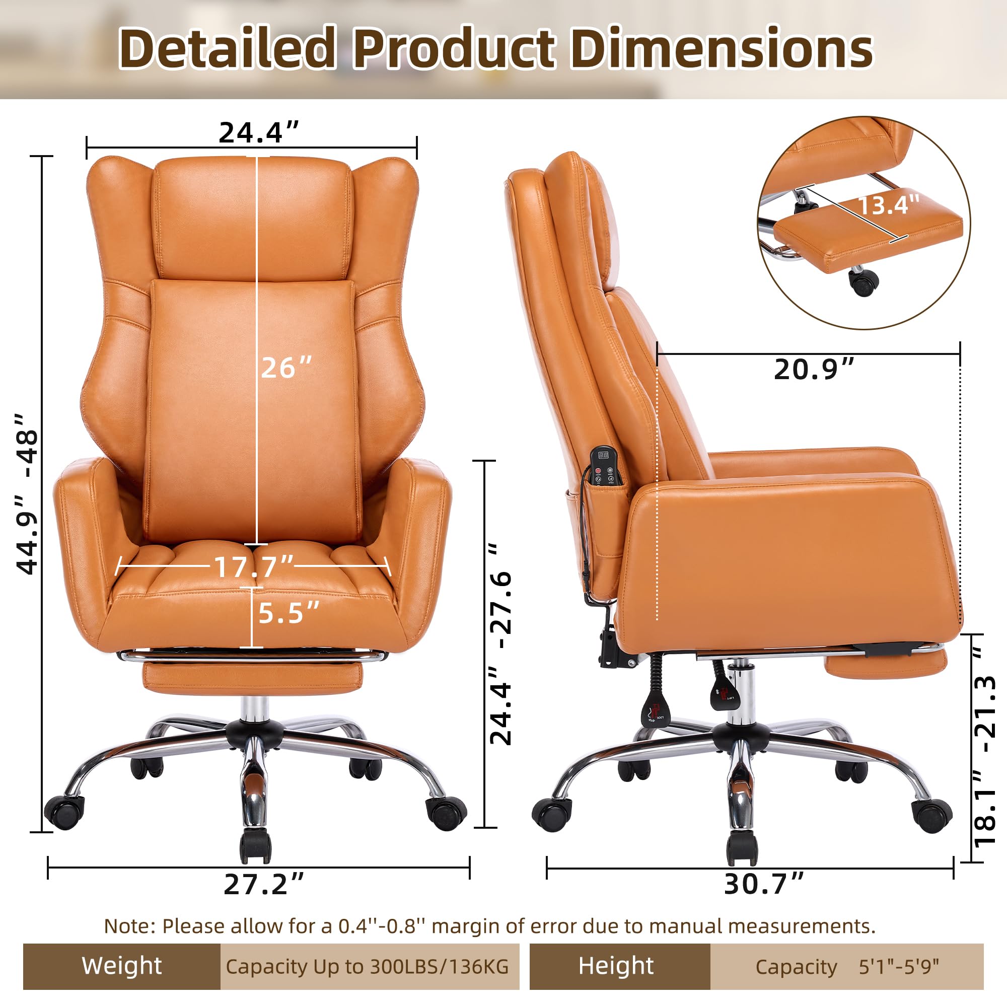 Orange Leather Office Chair with Massage and Footrest