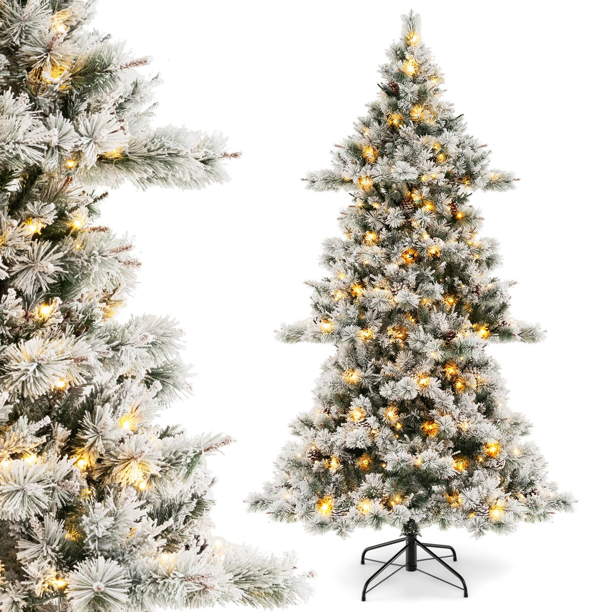 7 FT Pre-Lit Snow Flocked Christmas Tree, Artificial Hinged Xmas Tree