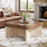 Tribesigns 35.4" Coffee Table, Square Wood Coffee Table, Farmhouse Coffee Table Center with Engraved Lines Design,