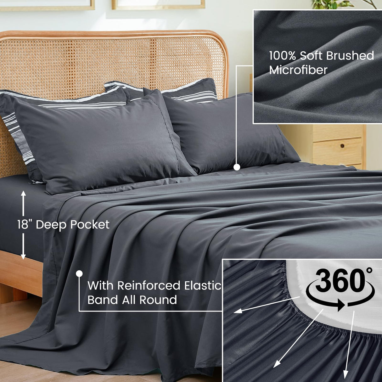 7 Pieces Queen Comforter Set, Striped Bed in A Bag, Charcoal Grey Stripe Comforter