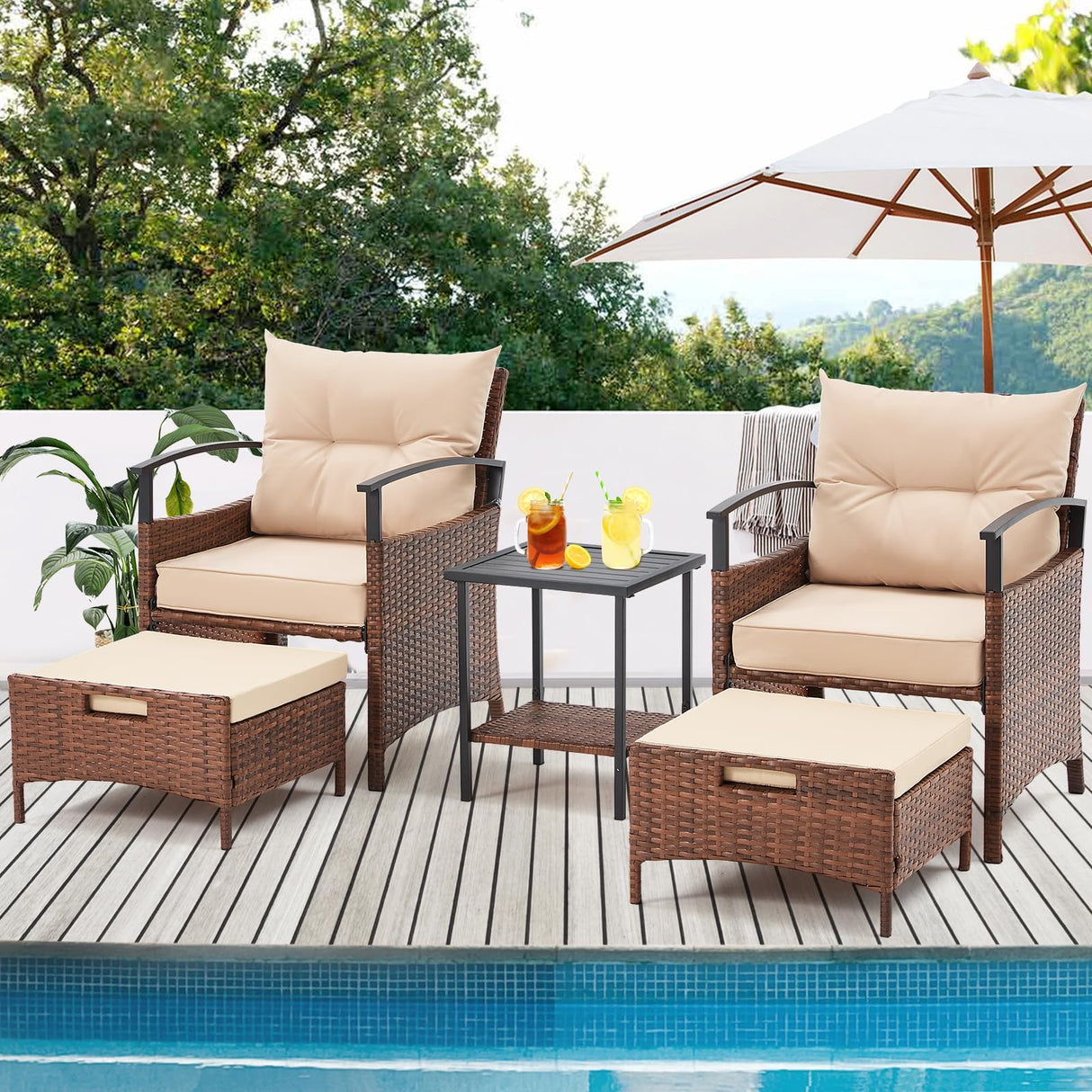 5 Pieces Patio Furniture Set, Outdoor Rattan Chairs with Metal Coffee Table