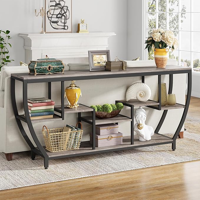 70.9 Inch Long Sofa Table with Shelves, Rustic Console Table with Storage