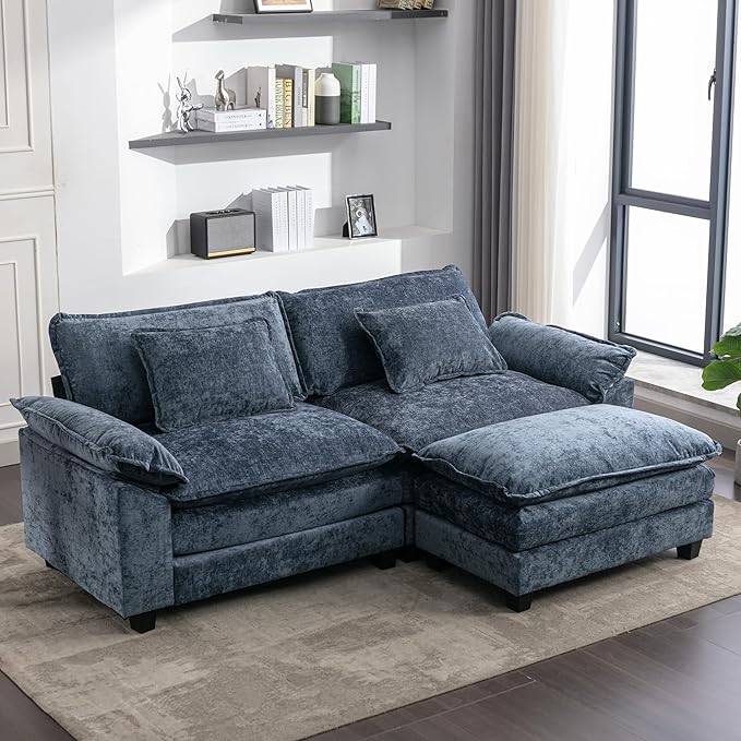 Sectional Sofa Couch, Modern Chenille Sofa Sleeper Deep Seat Couches with Ottoman/Pillows for Living Room