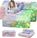 Couch, Glow in The Dark Kids Play Couch Toddler Fold Out Couch, Kids Fold Out Couch for playroom, Convertible Baby Fold Out Play Foam and Floor Cushion for Bedroom, Blue+Dinosaur