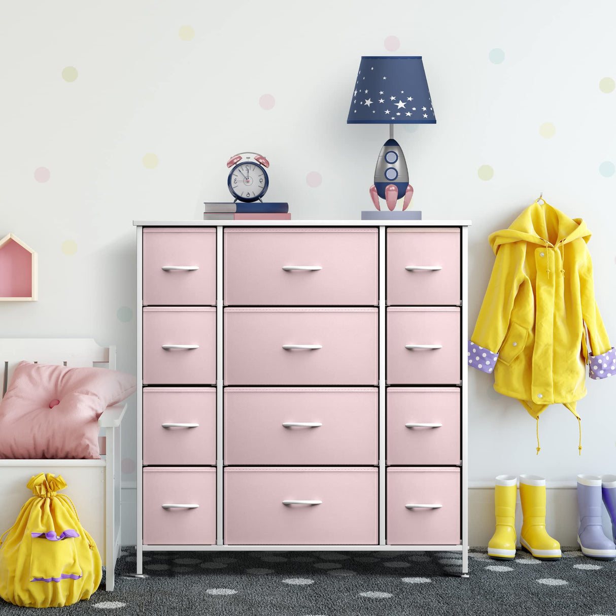 Sorbus Kids Dresser with 12 Drawers - Chest Organizer Unit with Steel Frame Wood Top & Handle, Fabric Bins for Clothes - Large Furniture for Bedroom Hallway Kids Room Nursery & Closet (Pink)