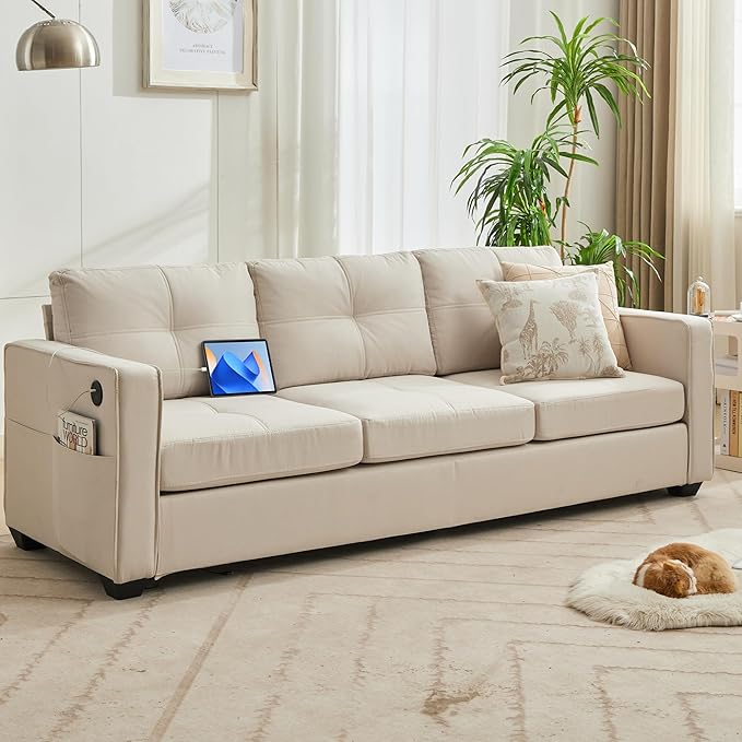 65" W Morden Linen Fabric Sofa Couch w/ 2 USB Charging Ports and Wide Arms