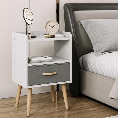 Nightstand with Fabric Drawer, Wooden Bedside Table with 3 Tier Storage