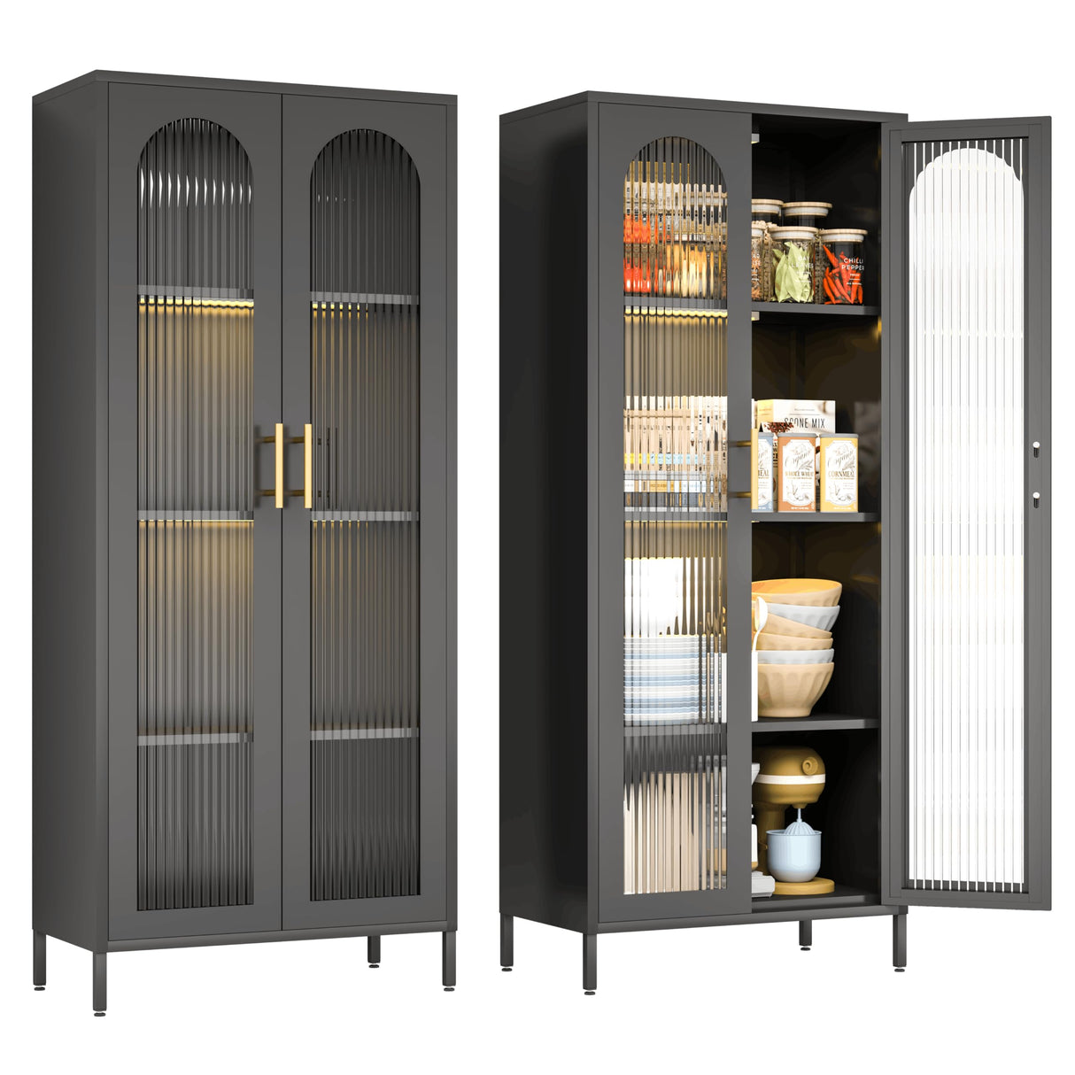 Kitchen Storage Cabinets,Black Storage Cabinet with Glass Doors and Shelves