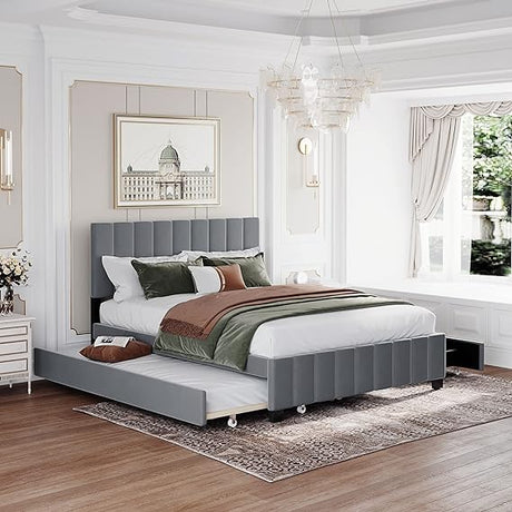 Queen Size Upholstered Bed with Trundle Bed and Two Storage Drawers Beige Tufted