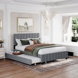 Wood Bed Frame, Queen Size Velvet Upholstered Platform Bed with 2 Drawers